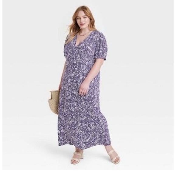 A New Day XXL Blue White Floral Midi Dress Puff Sleeve Crepe Boho Cottagecore Nw - Picture 3 of 11